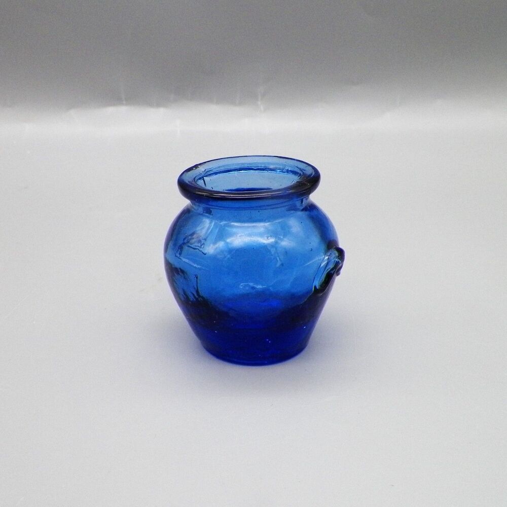 Vintage Miniature Cobalt Blue Glass Bud Vase Urn Small Ear Handles Jar 2"